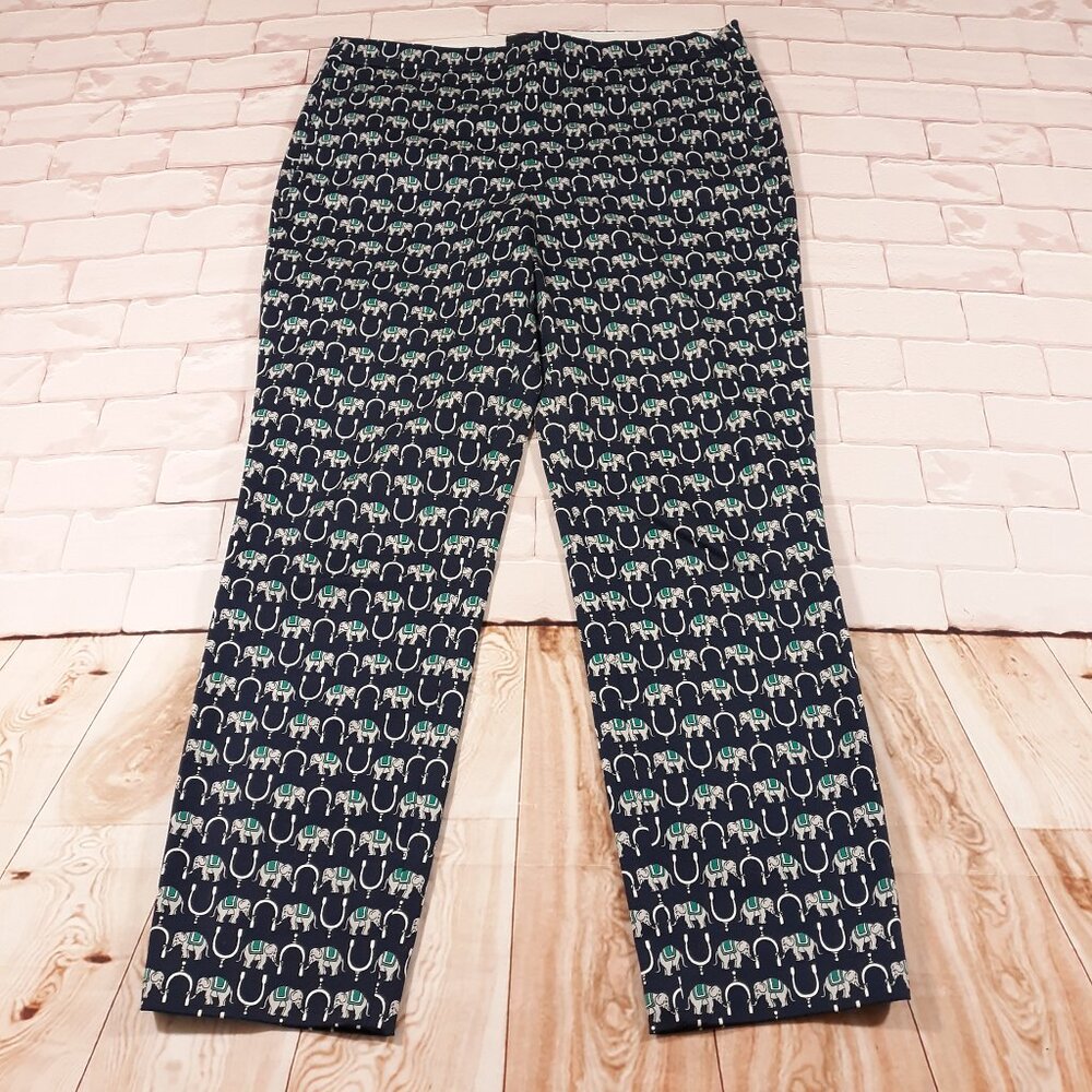 J.CREW Martie Chino Pants Womens Size 8 Elephant Print‎ Navy Blue Cotton Blend